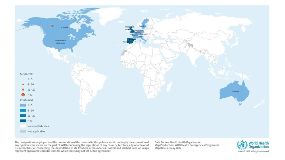 - Distribución geográfica de casos confirmados y sospechosos de viruela símica en zonas no endémicas entre el 13 y el 21 de mayo de 2022
