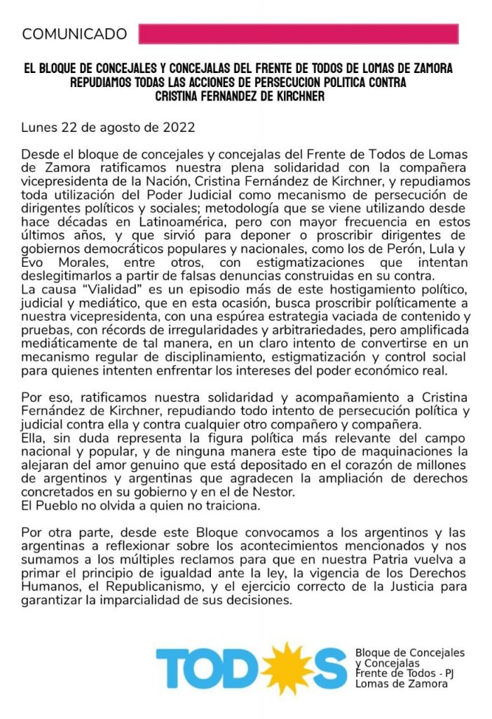 La intendente y concejales lomenses apoyan a Cristina Kirchner y denuncian persecución política