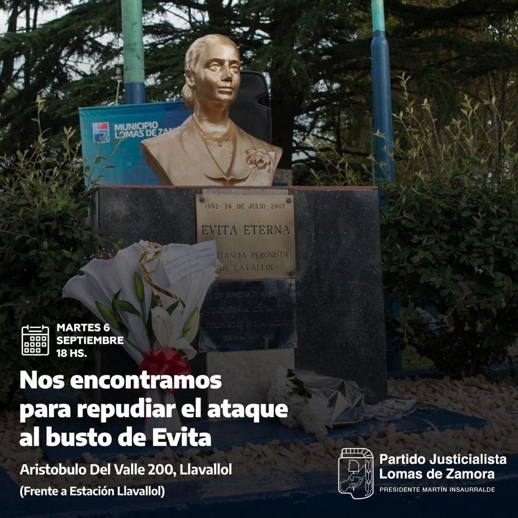 Convocan a un encuentro frente al busto de Eva Perón vandalizado, en repudio al atentado.