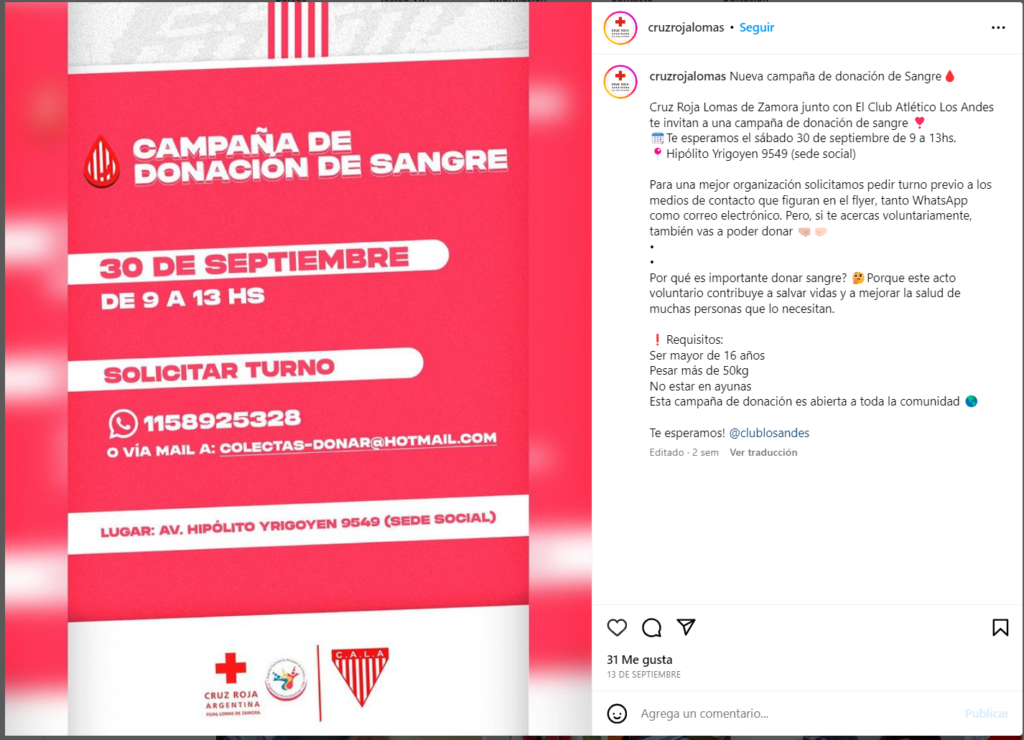 Cruz Roja y Club Atlético Los Andes se unen en una campaña solidaria de donación de sangre para el Hospital Gandulfo