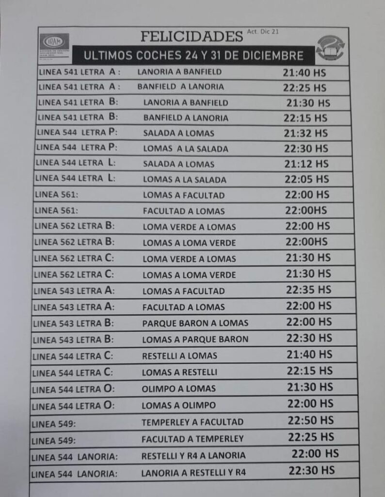 Anuncian los horarios de los últimos colectivos y trenes para este domingo 31 y Año Nuevo en Lomas de Zamora