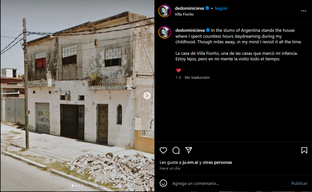 Eva de Dominici rememora sus raíces recordando su casa de la infancia en Villa Fiorito a través de Instagram