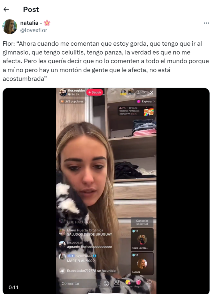 Florencia Regidor se pronuncia sobre los comentarios negativos y críticas sobre su cuerpo: "me comentan que estoy gorda"