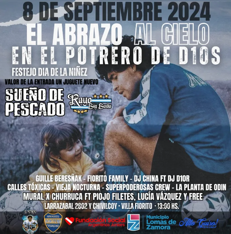 Festival solidario y cultural “El abrazo al cielo” rendirá homenaje a Diego Maradona y celebrará el Día de la Niñez en Villa Fiorito