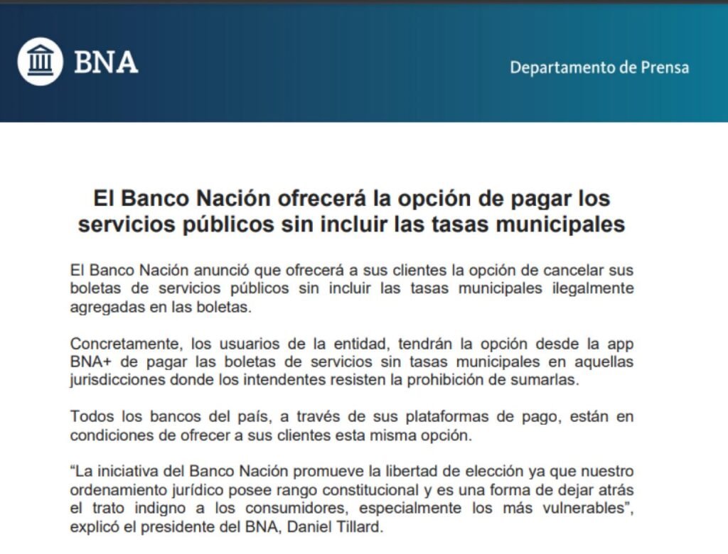 El Banco Nación permitirá pagar las facturas de servicios sin incluir el pago de las tasas municipales