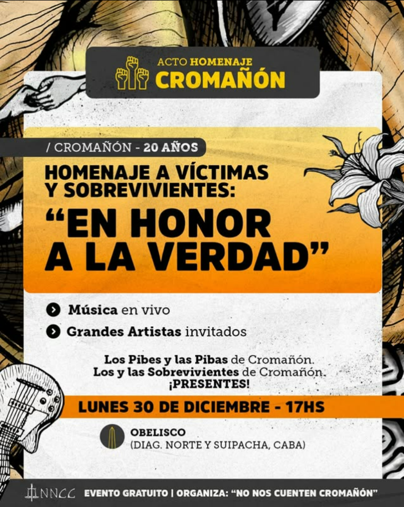 Se cumplen 20 años de la tragedia de Cromañón: realizarán un homenaje a las 194 víctimas en el Obelisco