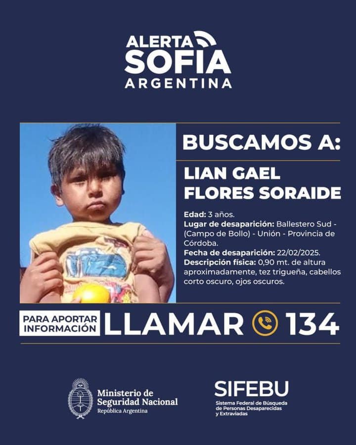 Continúa la búsqueda de Lian, el nene de 3 años que es intensamente buscado desde el sábado en Córdoba