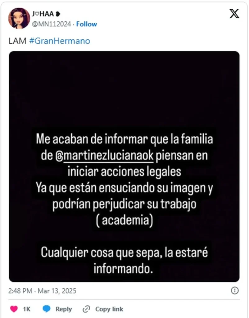 Polémica en Gran Hermano: la familia de Luciana Martínez analiza acciones legales tras la sanción por acoso