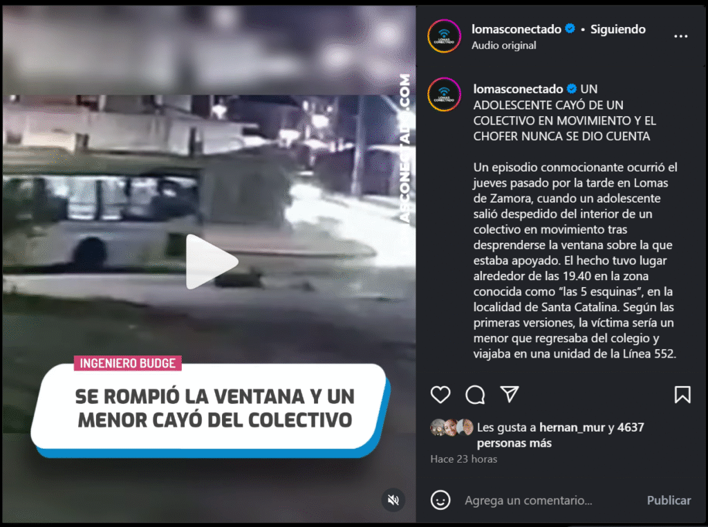 Adolescente cayó de un colectivo en movimiento cuando se desprendió la ventana y su familia demandará a la empresa