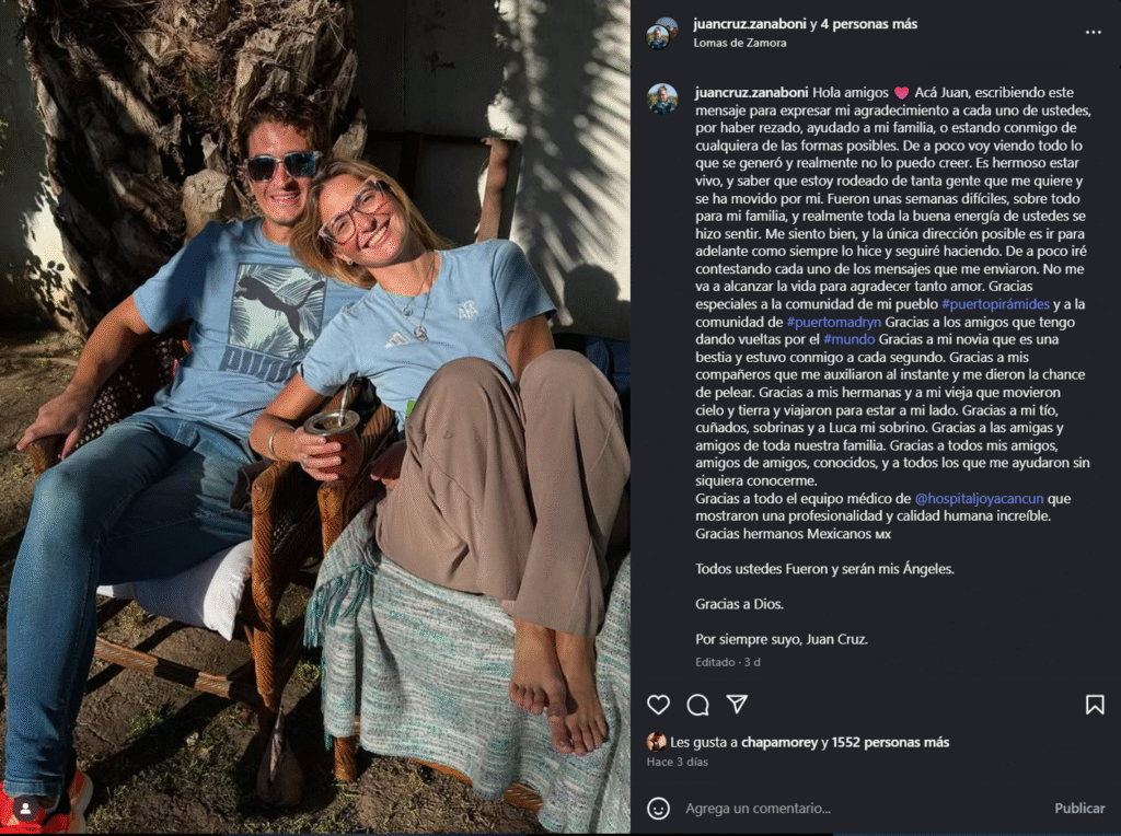 El buzo lomense Juan Cruz Zanaboni regresó al país y agradeció el apoyo recibido tras su accidente en Bahamas