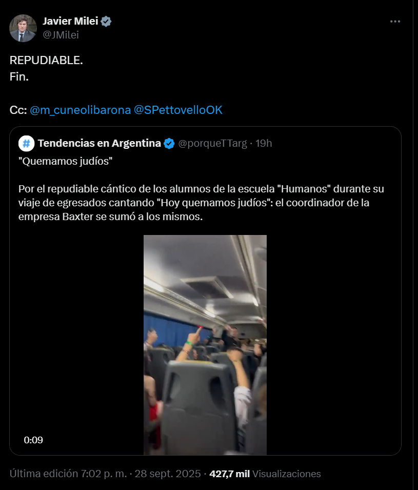 Javier Milei responde a un video de un grupo de estudiantes egresados de Canning que muestra cánticos antisemitas